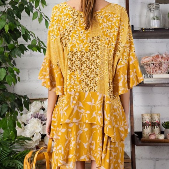 easel Dresses Easel Mustard Yoko Floral Mix Ruffle Tunic Dress